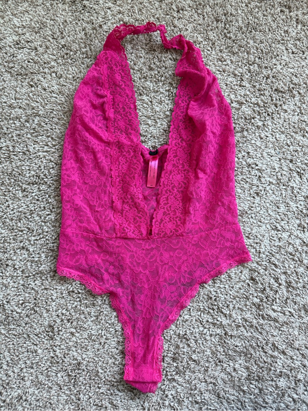 Victoria's Secret Bright Pink Lace Halter Teddy